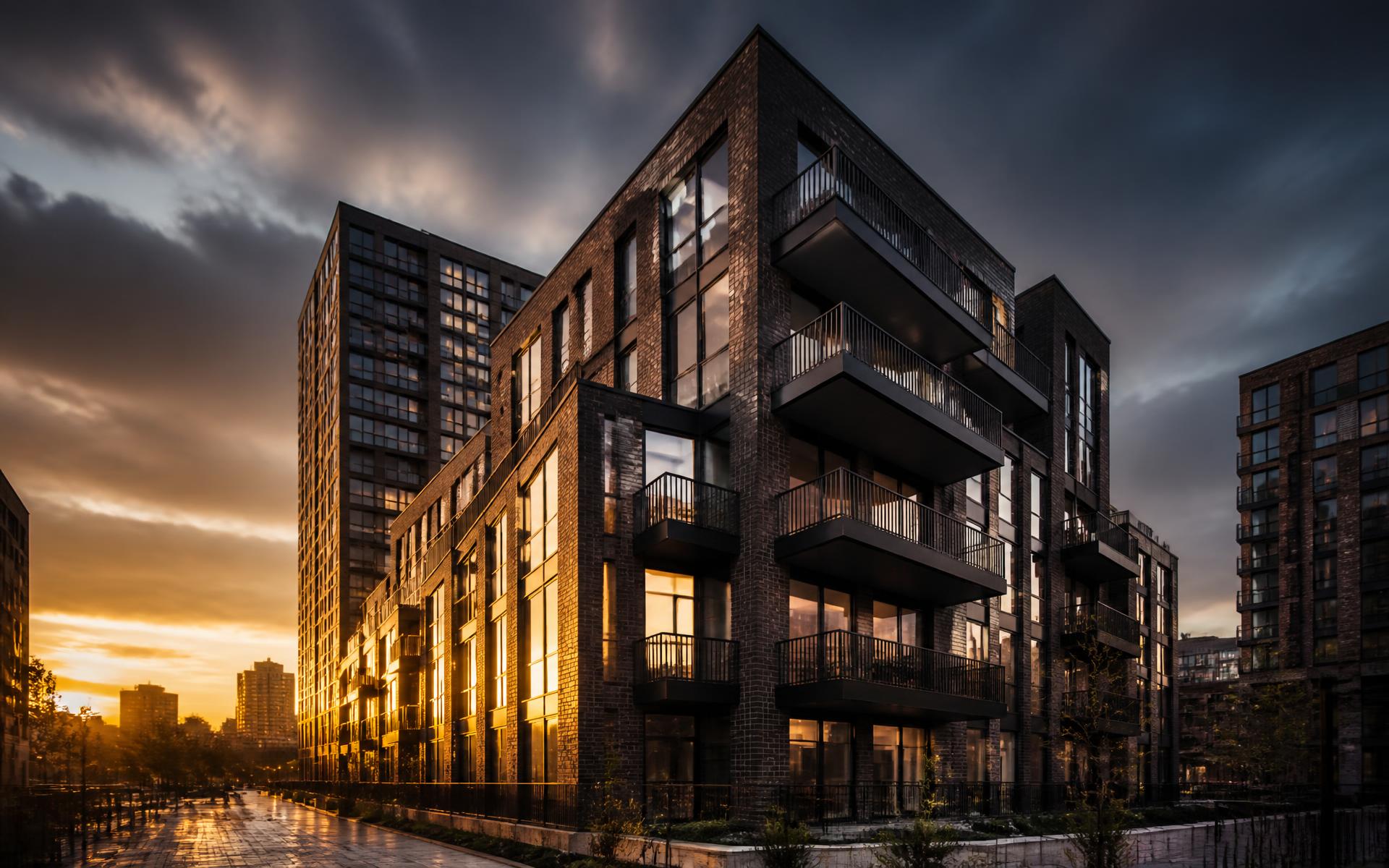 Modern residential development in Manchester at golden hour